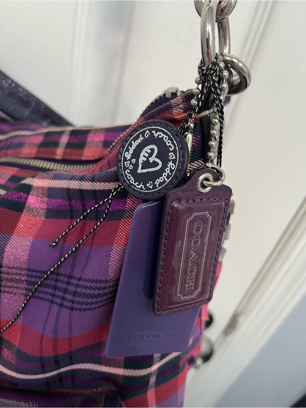 Coach Poppy Tartan Plaid Crossbody Hobo Purple Hangtags #16120 Silver Y2K - Picture 6 of 17